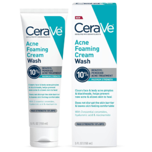 CeraVe Acne Foaming Cream Wash | Gentle Face and Body Acne Cleanser with Benzoyl Peroxide 10%, Hyaluronic Acid, and Niacinamide | Acne Treatment Clears Pimples, Blackheads, Chest and Back Acne | 5 Oz