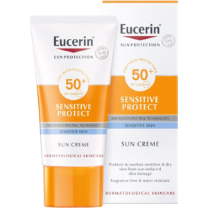 Eucerin Sun Sensitive Protect Facial Sunscreen, High UVA/UVB Protection, SPF 50+, Water-Resistant, Fragrance-Free, Sun Protection For Sensitive and Dry Skin, Suitable for Atopic Skin, 50ml