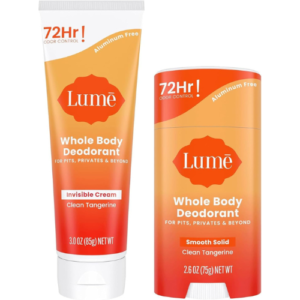 Lume Deodorant Cream - Underarms and Private Parts - Aluminum Free, Baking Soda Free, Hypoallergenic, and Safe For Sensitive Skin - Travel Tube + Cream Deodorant Bundle (Clean Tangerine)
