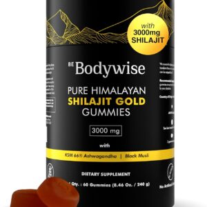 Be Bodywise 3000 Mg Pure Shilajit Gummies Gold I Lab Tested I No Added Sugar I KSM 66 Ashwagandha,Gokshura| 75% Fulvic Acid & 85+ Trace Minerals I Men,Women I Non-GMO I 100% Natural,Organic I 60 Gummy
