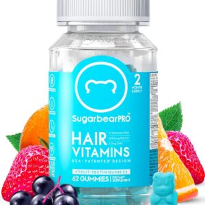 Sugarbear Pro Hair Vegan Vitamin Gummies for Luscious Halal Vegan with Vitamin C, B12, Biotin, Zinc, Iodine, Folate, Coconut Oil, Chewable Supplement for Women & Men (1 Month Supply), 60