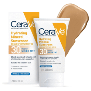 CeraVe Tinted Sunscreen with SPF 30 | Hydrating Mineral Sunscreen With Zinc Oxide & Titanium Dioxide | Sheer Tint for Healthy Glow | 1.7 Fluid Ounce