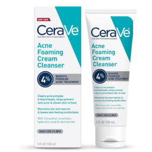 CeraVe Acne Foaming Cream Cleanser with 4% Benzoyl Peroxide – Daily Acne Face Wash for Oily & Acne-Prone Skin, Hyaluronic Acid, Niacinamide & Ceramides, Fragrance-Free, 5 fl oz (150ml)